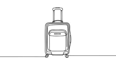 Sürekli çizim tarzında seyahat valizi. Tekerlekli bavul ve beyaz arka planda siyah çizgili çekilebilir kabzalı çizim. Vektör illüstrasyonu.