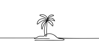 Tropik vaha adası çizimi. Dağları, denizi, hindistan cevizi palmiyesini ve bulutları olan soyut tropikal manzaralar. Asgari poster, şablon için vektör doğa duvar kağıdı