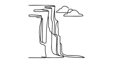 Dağ sırasının aralıksız çizdiği bir çizgi. Bağlı web pankartı ve basit doğrusal tarzda yüksek zirve. Macera kış sporları ve yürüyüş turizmi konsepti. Vektör illüstrasyonu