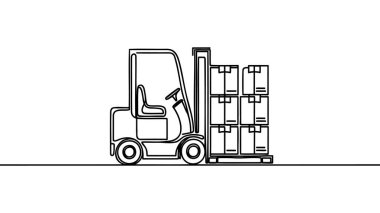 Forklift kamyonunu kutularla çizmeye devam et. Ağır otomobil. İnşaat endüstrisi ve makine kavramı. Çocuk oyuncağı forklift kamyonu. Tek çizgi çizimi tasarım vektörü grafik çizimi