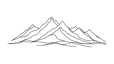 Dağ sırasının aralıksız çizdiği bir çizgi. Bağlı web pankartı ve basit doğrusal tarzda yüksek zirve. Macera kış sporları ve yürüyüş turizmi konsepti. Vektör illüstrasyonu
