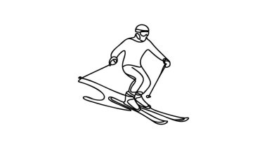 İnce bir çizgi çizimi çizimi kayakçı, kayakçı, dağdan iniyor. Kış sporu ve turizm konsepti.