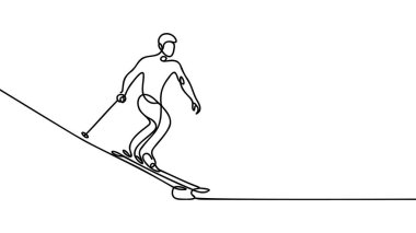 İnce bir çizgi çizimi çizimi kayakçı, kayakçı, dağdan iniyor. Kış sporu ve turizm konsepti.