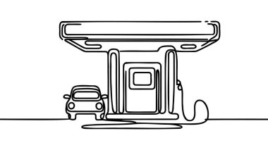 Şehirdeki büyük bir benzin istasyonunun tek sıra çizimi. Benzin istasyonu konsepti sürekli çizgi çizimi tasarım grafik çizimi çizimi