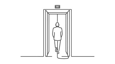 Çizgi simgesini kaldır. Kıvrımlı tek bir çizgi. Asansör tabelası. Katlar arası ulaşım sembolü. Tek taslak şeridi kaldırın. Döngü eğrisi modeli. Vektör.