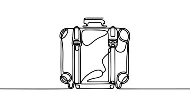 Sürekli çizim tarzında seyahat valizi. Tekerlekli bavul ve beyaz arka planda siyah çizgili çekilebilir kabzalı çizim. Vektör illüstrasyonu.