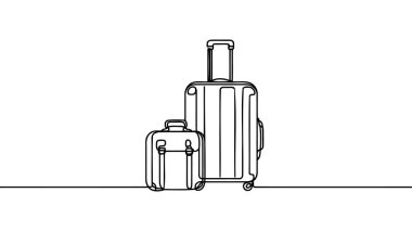 Sürekli çizim tarzında seyahat valizi. Tekerlekli bavul ve beyaz arka planda siyah çizgili çekilebilir kabzalı çizim. Vektör illüstrasyonu.