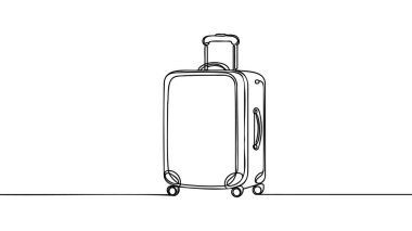 Sürekli çizim tarzında seyahat valizi. Tekerlekli bavul ve beyaz arka planda siyah çizgili çekilebilir kabzalı çizim. Vektör illüstrasyonu.