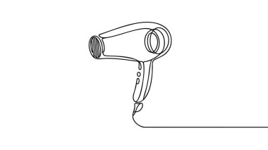Sürekli bir saç kurutma makinesi çizimi ev aletleri. Kadın elektrikli aletler ev aletleri şablonu. Moda tek çizgi çizimi tasarım vektörü grafik çizimi.