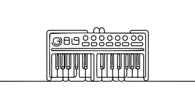 Elektrik sentezleyicisinin kesintisiz tek çizgi çizimi. Müzik aletleri konsepti. Moda bir çizgi tasarım vektörü grafik çizimi.