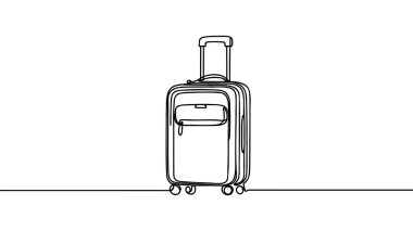 Sürekli çizim tarzında seyahat valizi. Tekerlekli bavul ve beyaz arka planda siyah çizgili çekilebilir kabzalı çizim. Vektör illüstrasyonu.
