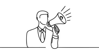 Bir sürekli tek çizilmiş çizgi sanat Doodle megafon, adam, insanlar, duyuru, iş, bakın, arkadaş. İzole görüntü el çizilmiş sürekli anahat beyaz arka plan.