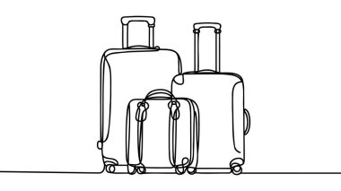 Sürekli çizim tarzında seyahat valizi. Tekerlekli bavul ve beyaz arka planda siyah çizgili çekilebilir kabzalı çizim. Vektör illüstrasyonu.
