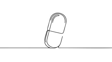 Tek çizgi halinde tek bir hap, kapsül izometrik ikon. Ağrı kesici, antibiyotik, vitamin ve aspirin. İlaç ikonu. Modern sürekli çizgi çizimi tasarım grafik vektör çizimi.