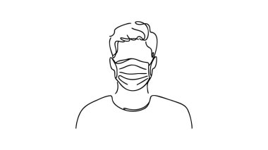 Tıbbî maske takan kesintisiz bir çizgi. Koronavirüs kavramı. Sürekli maske takan tek bir kişi. El çizimi resim silueti. Çizgi çalışması. Karalayın. Vektör illüstrasyonu.