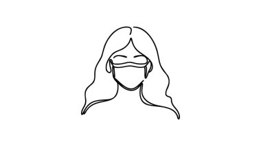 Tıbbî maske takan kesintisiz bir çizgi. Koronavirüs kavramı. Sürekli maske takan tek bir kişi. El çizimi resim silueti. Çizgi çalışması. Karalayın. Vektör illüstrasyonu.