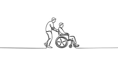 Tekerlekli sandalyede sürekli tek çizgi çizen engelli bir adam var. Bakıcı tekerlekli sandalyeyi bir adamla birlikte taşıyor. İnsanlar uzun vadeli tıbbi bakım kavramı. Minimalist Vektör İllüstrasyonu.
