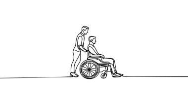 Tekerlekli sandalyede sürekli tek çizgi çizen engelli bir adam var. Bakıcı tekerlekli sandalyeyi bir adamla birlikte taşıyor. İnsanlar uzun vadeli tıbbi bakım kavramı. Minimalist Vektör İllüstrasyonu.