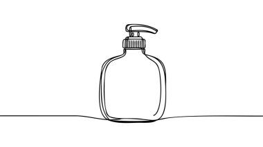Sıvı sabunlu bir şişe. Sürekli bir çizgi çiziyor. Sprey şişesi beyaz izole arka planda bir çizgi çiziyor. Vektör çizimi. Sürekli bir şişe antiseptik çizimi. Covid 19.