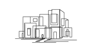 Sürekli bir çizim çizgisi, modaya uygun minimalist kır evi, modern mimari. Soyut logo. Tek elle çizilmiş çizim ana hatları izole edilmiş minimal çizim çizgi film karakteri düz