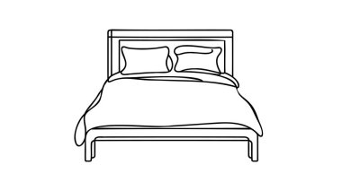 Çift kişilik yatağın sürekli çizimi. Yatak odası için tek satırlık modern çatı katı mobilyaları. Karalama biçiminde vektör illüstrasyonu.