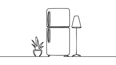 Buzdolabı ev aletinin tek bir çizimi. Elektrik mutfak gereçleri konsepti. Dinamik sürekli çizgi çizimi tasarım illüstrasyonuName.