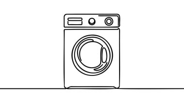 Çamaşır makinesi sürekli çizim tarzında. Beyaz arkaplanda siyah çizim var. Vektör illüstrasyonu.