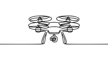 Beyaz arkaplana kuadkopter kamera İHA 'sının siluetini çizen tek bir çizgi ikonunun sürekli vektörü. Doğrusal biçimlendirilmiş.