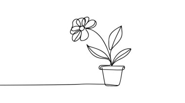 Sürekli bir saksıda çiçek çizimi. Beyaz arka planda izole edilmiş güzel bir çiçek. Vektör illüstrasyonu.