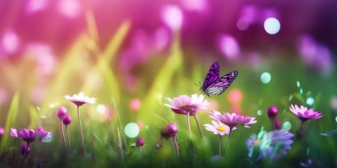 Soyut çözünmüş bahar - Mor papatyalar ve güneşli bir tarlada çimlerin üzerinde kelebekler