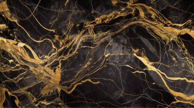 Altın desenli sıvı siyah mermer. Lüks şablon, sıvı çizim. Zengin eritilmiş, altın sarısı, dokulu. 3D çizim, 3D çizim. arkaplan, moda, lüks,