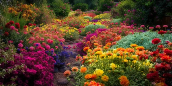 Kwitnący Kolorowy Ogród Tęczowy Włóż Tęczę Kolorów Ogrodu Zakrzywionymi Lub — Zdjęcie stockowe