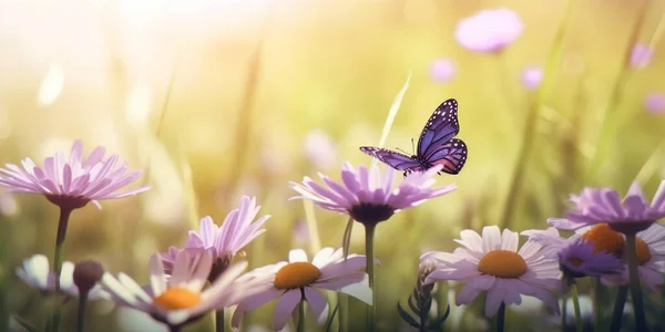 Soyut çözünmüş bahar - Mor papatyalar ve güneşli bir tarlada çimlerin üzerinde kelebekler