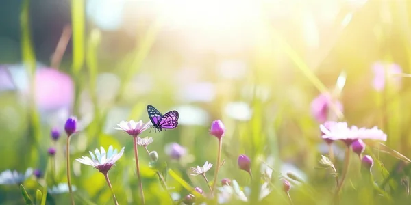 Abstrakcyjna Nieskupiona Wiosna Fioletowe Stokrotki Motyle Trawie Słonecznym Polu Obrazek Stockowy