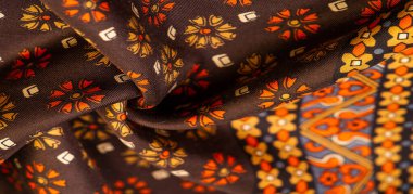 Kırmızı ve sarı renkli ipek kumaş, yoğun kumaş, triasetat liflerine dayalı çift taraflı. Doku, Arkaplan, Desen,