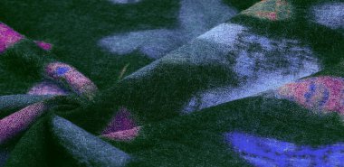 Kelebek desenli yeşil yün kumaş. Yeşil kırmızı mavi. Dekor modern, tekstil sanatı, doku, arkaplan, desen