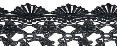 Siyah dantelli kumaş. Çiçek desenli saf pamuk dantel nakışla süslenmiş. Işık Şeffaflığı. Kalıplı. Geçmişi. Desen