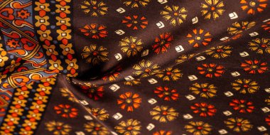 Kırmızı ve sarı renkli ipek kumaş, yoğun kumaş, triasetat liflerine dayalı çift taraflı. Arkaplan, Desen Dekoru