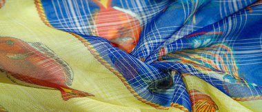 Lacivert ipek kumaş, mercan resifi balığı, deniz teması. Çocuk sanatı. arkaplan, doku, desen