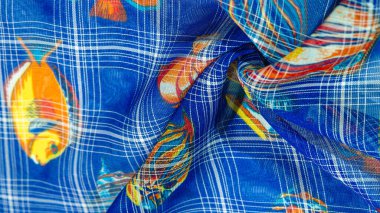 Lacivert ipek kumaş, mercan resifi balığı, deniz teması. Çocuk sanatı. arkaplan, doku, desen