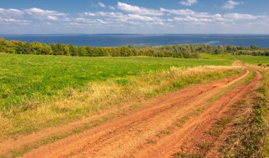 Yaz manzarası. Dünyanın Avrupa bölgesindeki bir nehir. Güneşli sıcak bir gün. Yeşil ağaçlar, çimenler. Mavi gökyüzü küçük bir bulut örtüsüyle.