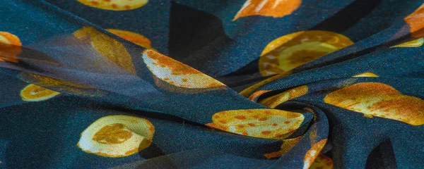 Tecido Seda Azul Com Uma Impressão Folhas Outono Amarelas Textura — Fotografia de Stock