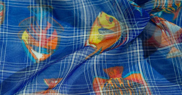 Achtergrond Textuur Patroon Collectie Marine Blauwe Zijde Stof Vis Met — Stockfoto