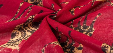 Modern dekor, Tekstil Sanatı, Tasarım, Geyik silueti desenli kırmızı pamuk kumaş, modern fütüristik resim. Doku, arkaplan, desen,