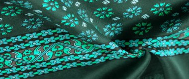 İpek kumaş. yeşil, yeşil ve huş ağacı çiçekleri, yoğun kumaş, triasetat liflerine dayalı çift taraflı. Arkaplan, Desen Dekoru