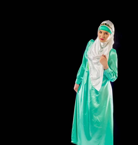 Foto Modelo Estudio Ropa Musulmana Palabra Árabe Hijab Traducida Literalmente —  Fotos de Stock