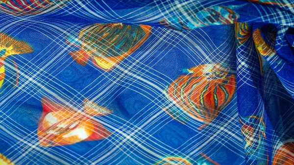Tecido Seda Azul Marinho Peixe Recife Coral Tema Náutico Arte — Fotografia de Stock