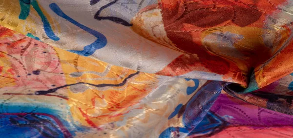 Шелковая Ткань Раскрашенной Художественной Палитре Абстрактный Рисунок Яркие Цвета Красно — стоковое фото