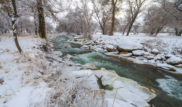 冬は川が凍る 凍った川を体験する最も簡単な方法は 氷の上を歩くことです 必ず確認する必要があります 訪問者のために これを行うための最良の方法は 地元の人と相談することです — ストック写真