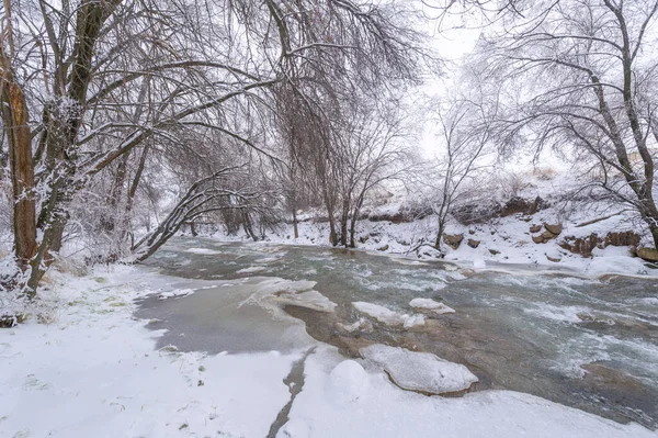这条河在冬天结冰了 我最喜欢的冬季河流森林里的寂静是神奇的 只有风声和流过的溪流 还活着 才打破了它 雪和冰 — 图库照片